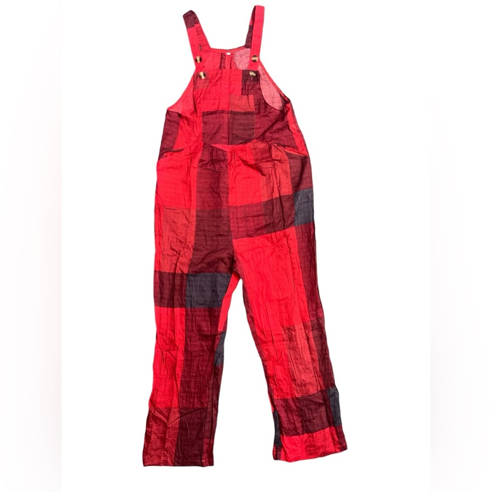 Big Red Linen Cotton plaid Romper Overall Jumpsuit